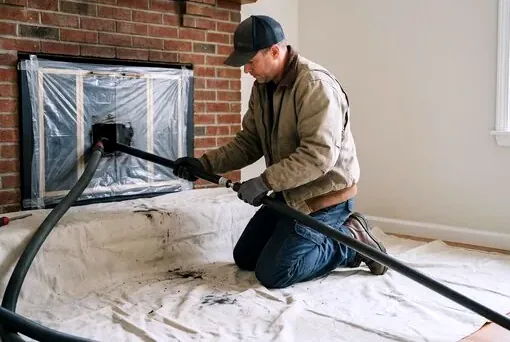 Sweeping a fireplace with drop cloths in a Bronxville living room