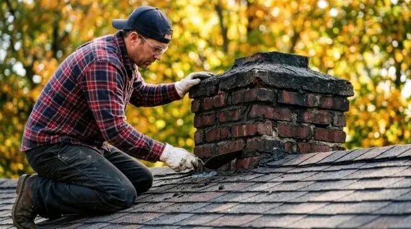 Mason checking the top of an old brick chimney in Bronxville